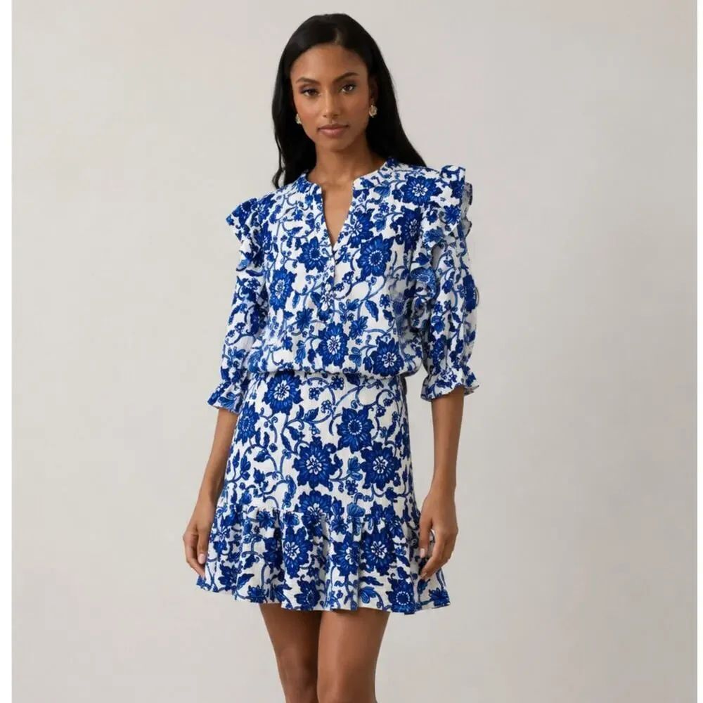 Zara Blue White Floral Ruffle Mini Dress Textured Size S NWOT Porcelain Coastal
